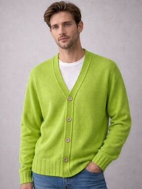 Lime Green V-Neck Button Cardigan Sweater Wool/Cashmere